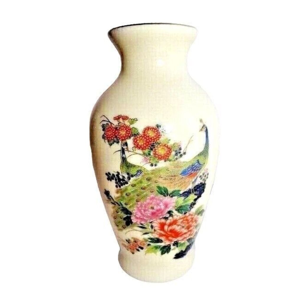 National Silver Company Nagoya Japan Vase Porcelain Peacock Vintage Mid-Century